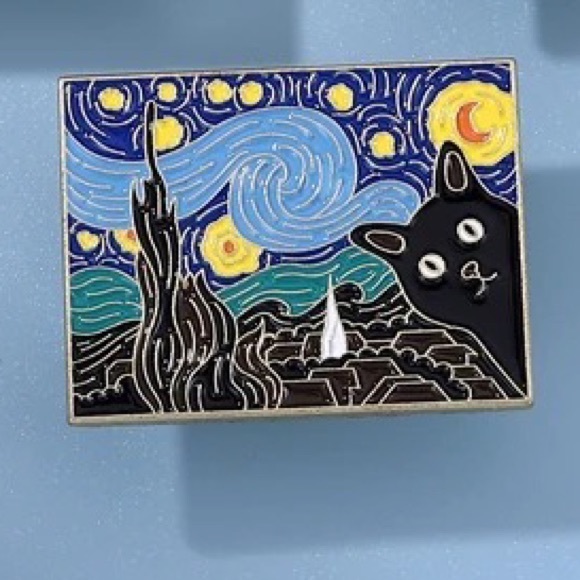 Van Gogh Cats Enamel Metal Pin The Starry Night Painting Parody Black Cat Brooch - Picture 2 of 9